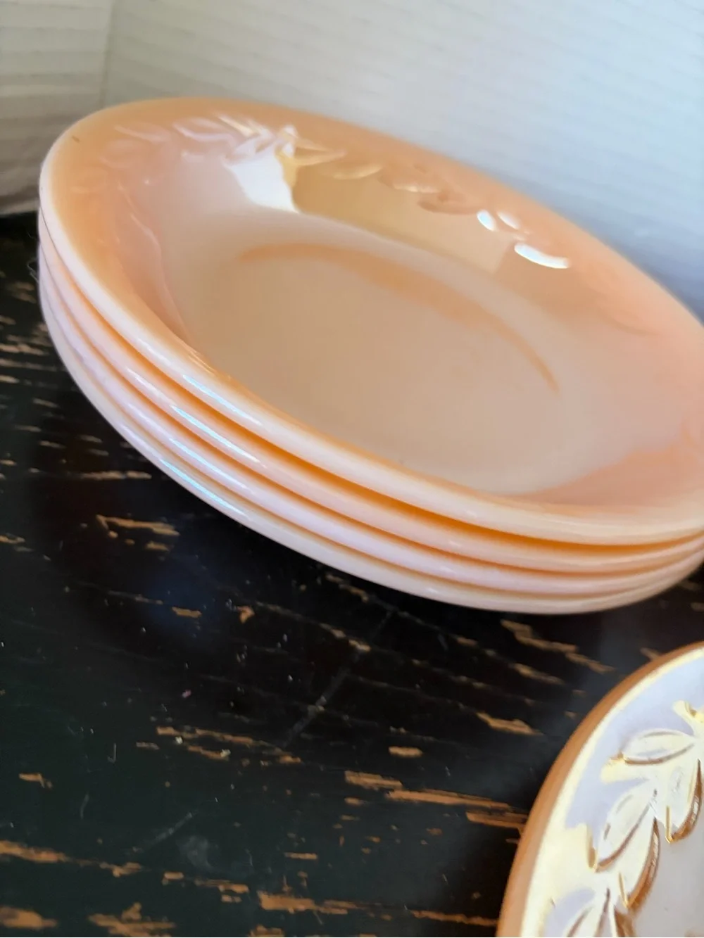 Set of Vintage Fire King Peach Lustre Laurel Leaf bowls and plates